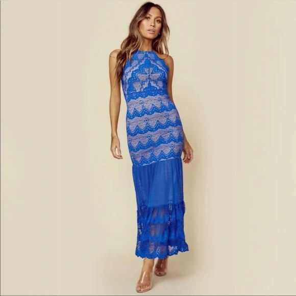 Nightcap Clothing Two-Tone Victorian Fan Stretch-Lace Halter Dress, Cobalt, Women's, S